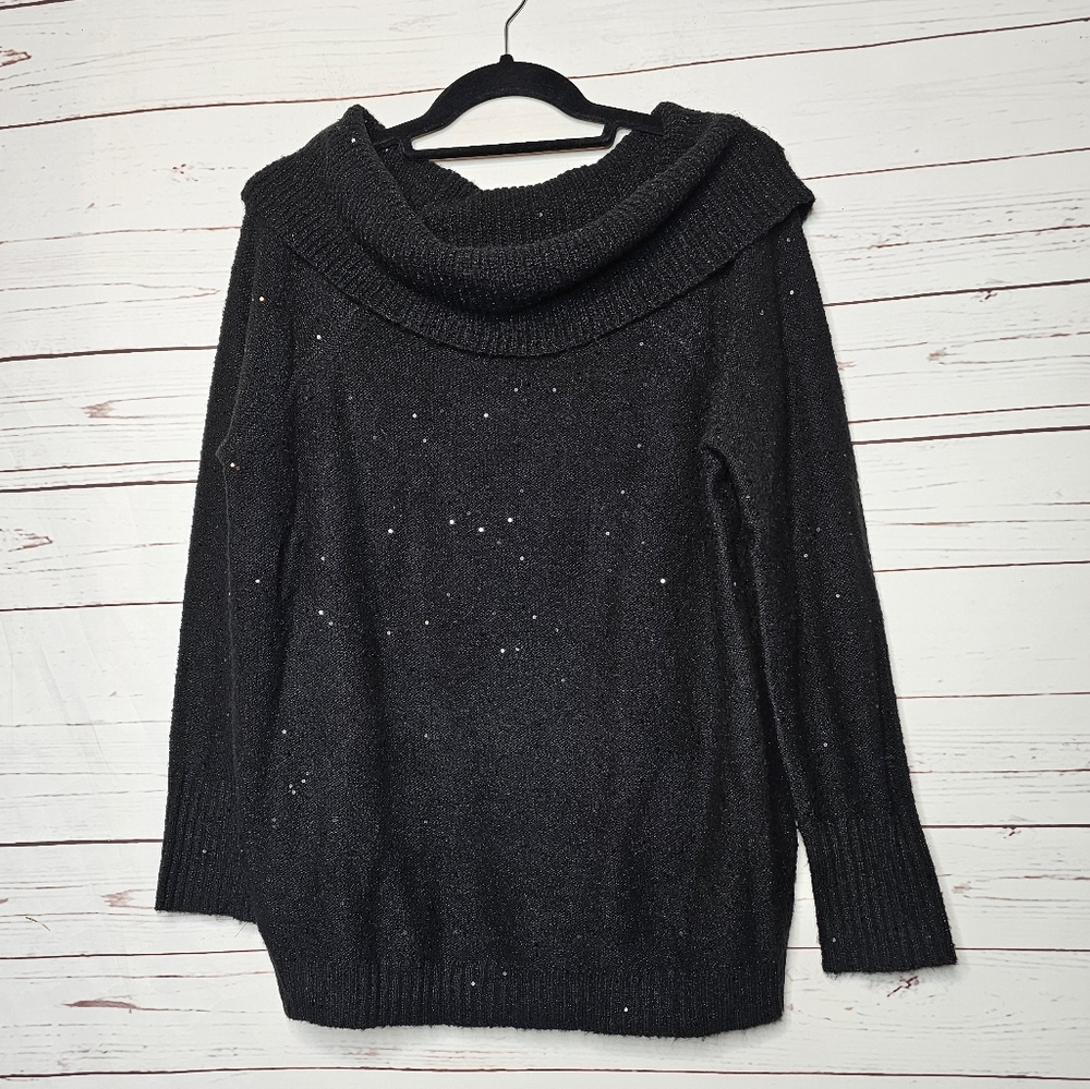 Chico's Touch of Sparkle Black Shimmer Cowl Neck Sweater